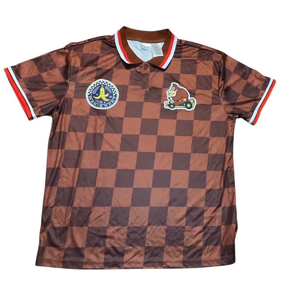 NWT Mario Kart Donkey Kong Men's Polo Shirt Small Brown Checkered Nintendo